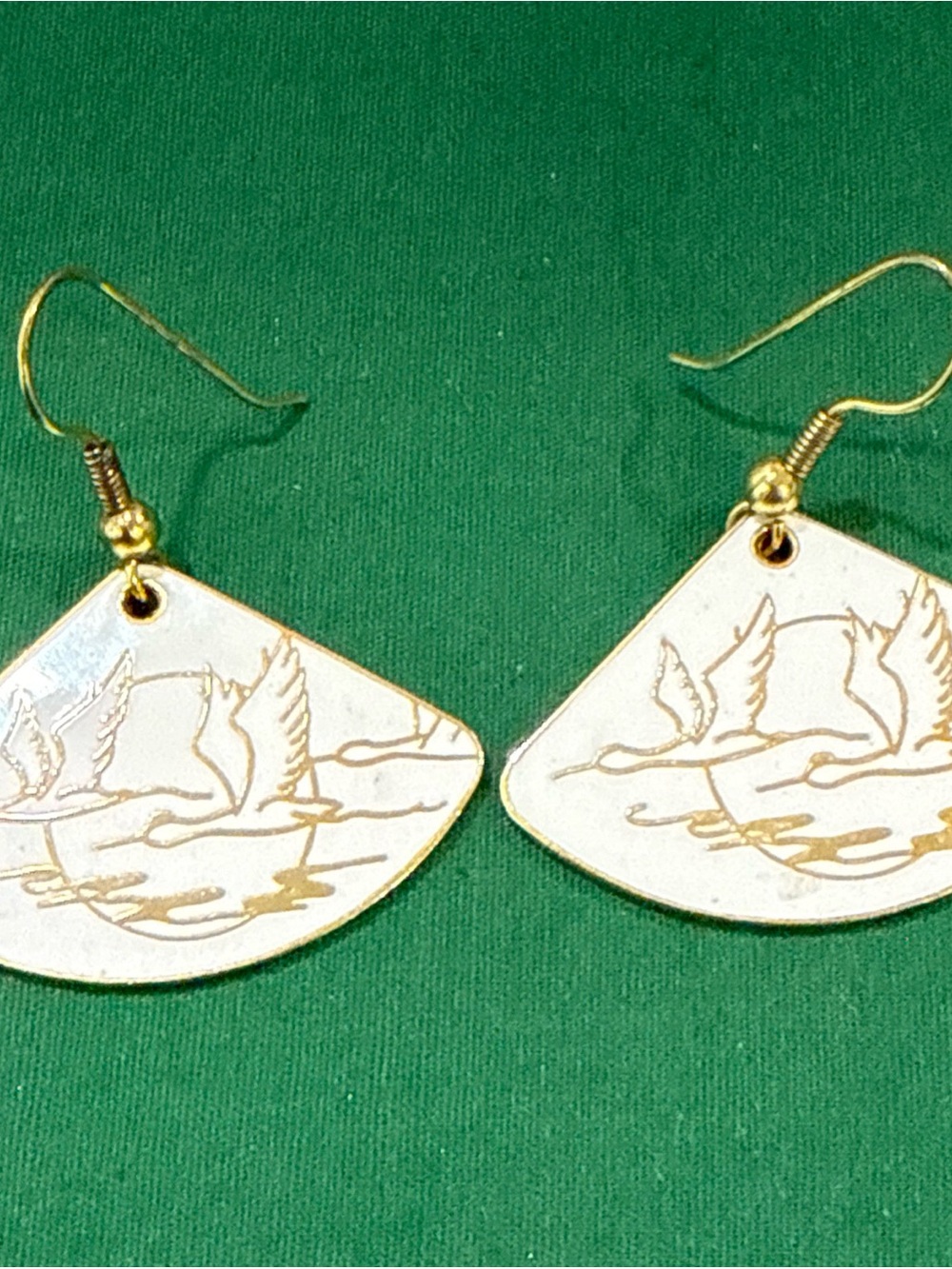 White Enamel Fan Earrings Feature Goldtone Crane Design 114B